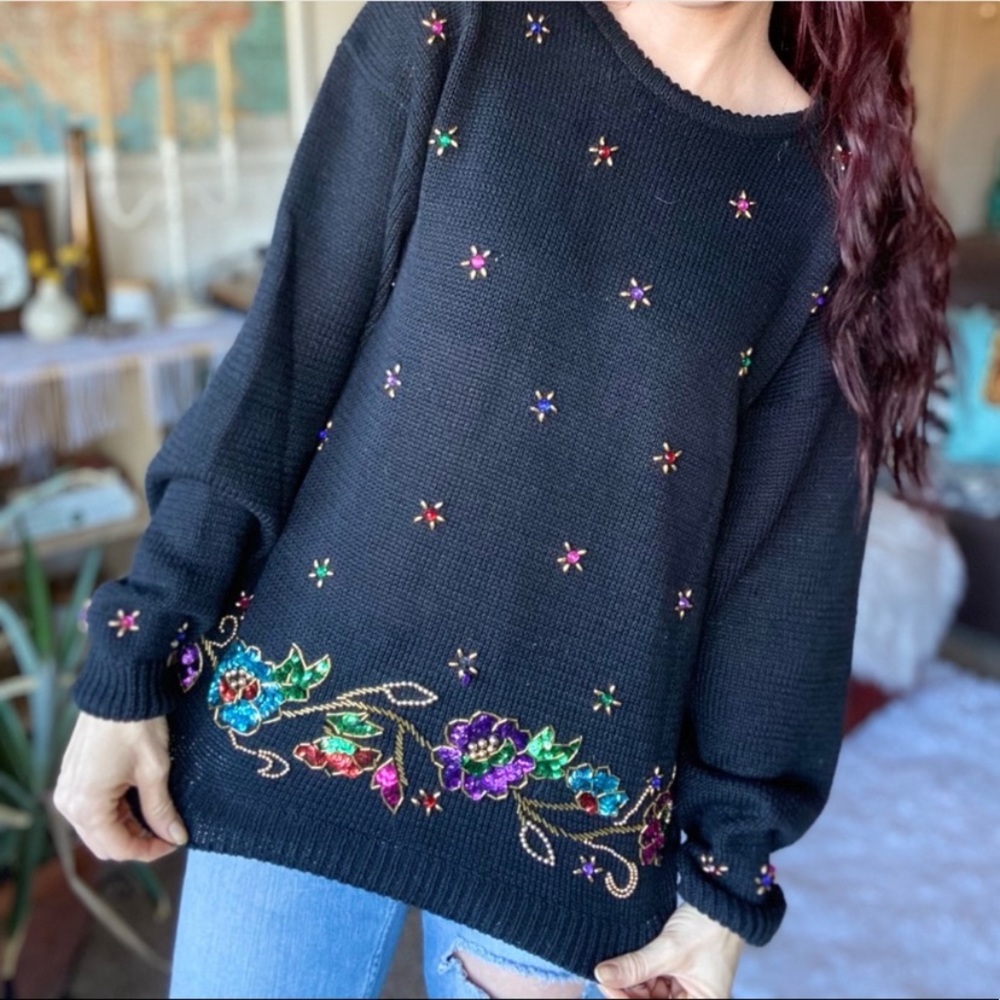 Vintage Black Sweater W/ Floral Sequins